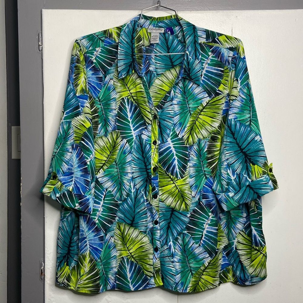 catherines womens 3/4 sleeve button up shirt size 3xwp top tropical Hawaiian